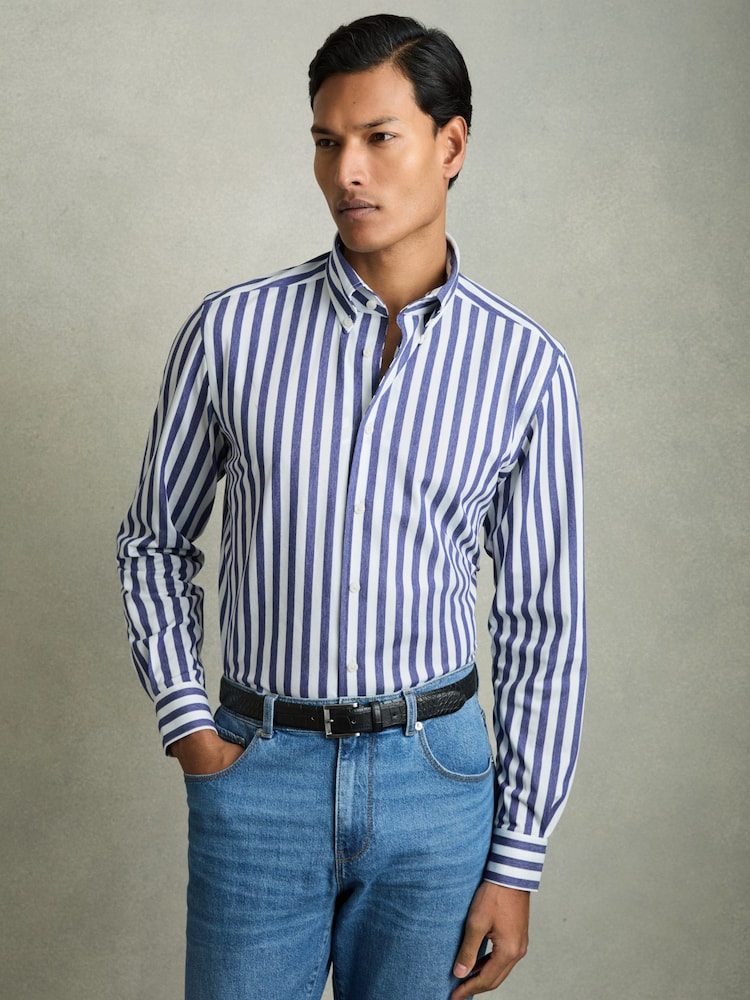 Reiss Blue Stripe Tobin Striped Jersey Button-Down Shirt With Cotton - Image 1 of 7 Reiss Blue Stripe Tobin Striped Jersey Button-Down Shirt With Cotton - Image 1 of 7