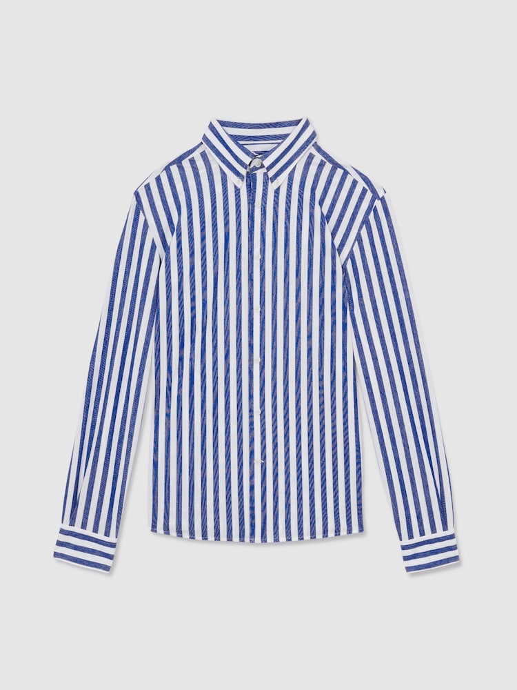 Reiss Blue Stripe Tobin Striped Jersey Button-Down Shirt With Cotton - Image 2 of 7