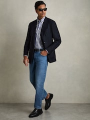 Reiss Blue Stripe Tobin Striped Jersey Button-Down Shirt With Cotton - Image 3 of 7