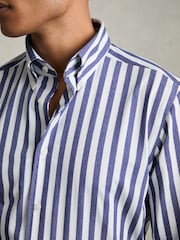 Reiss Blue Stripe Tobin Striped Jersey Button-Down Shirt With Cotton - Image 5 of 7