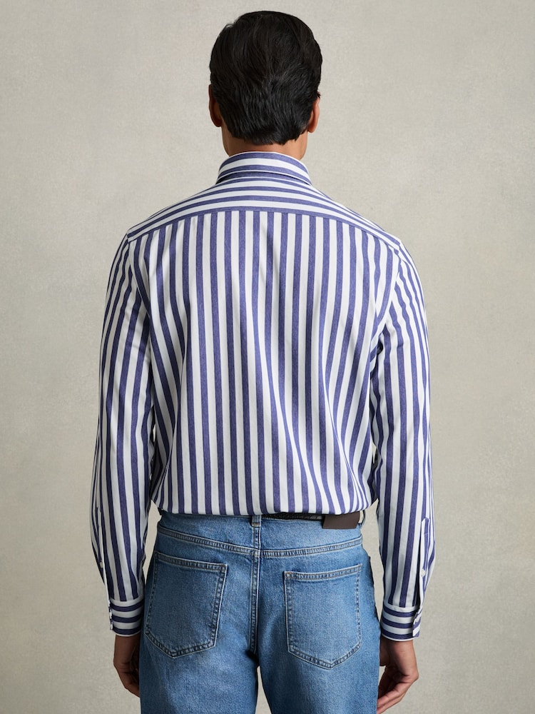 Reiss Blue Stripe Tobin Striped Jersey Button-Down Shirt With Cotton - Image 6 of 7