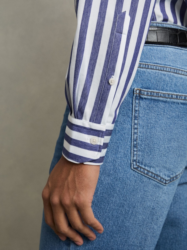 Reiss Blue Stripe Tobin Striped Jersey Button-Down Shirt With Cotton - Image 7 of 7 Reiss Blue Stripe Tobin Striped Jersey Button-Down Shirt With Cotton - Image 7 of 7