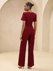 Burgundy Red Short Sleeve Ruched Front V-Neck Jumpsuit - Image 4 of 4