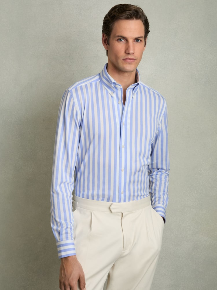 Reiss Pale Blue Stripe Tobin Striped Jersey Button-Down Shirt With Cotton - Image 1 of 7
