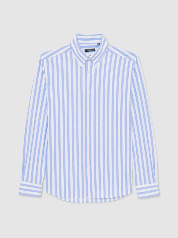 Reiss Pale Blue Stripe Tobin Striped Jersey Button Down Shirt With Cotton - Image 2 of 7 Reiss Pale Blue Stripe Tobin Striped Jersey Button Down Shirt With Cotton - Image 2 of 7