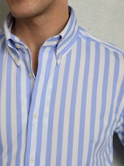 Reiss Pale Blue Stripe Tobin Striped Jersey Button-Down Shirt With Cotton - Image 3 of 7