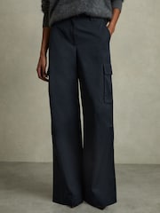 Reiss Navy Ava Petite Cotton-Tencel Wide-Leg Combat Trousers - Image 1 of 7