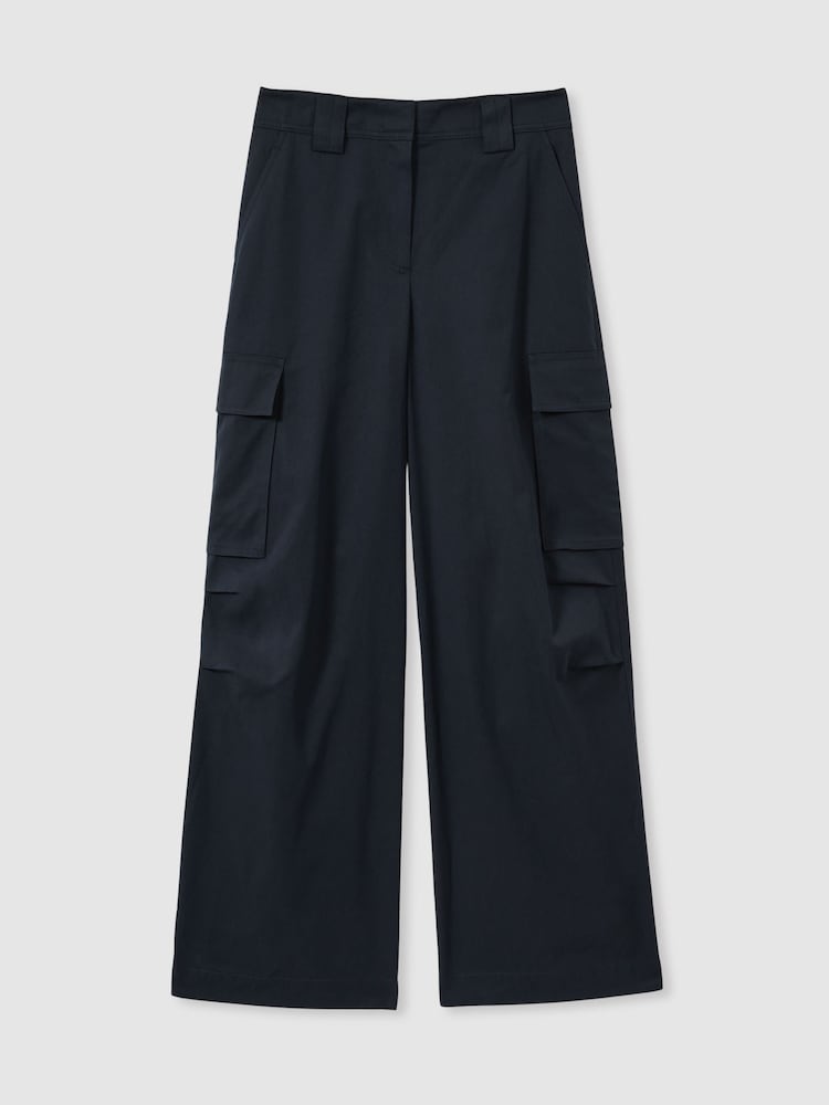 Reiss Navy Ava Petite Cotton-Tencel Wide-Leg Combat Trousers - Image 2 of 7