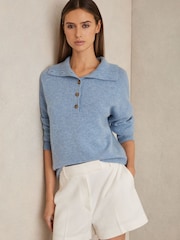Reiss Blue Ava Wool-Cashmere Open-Neck Jumper - Image 1 of 7
