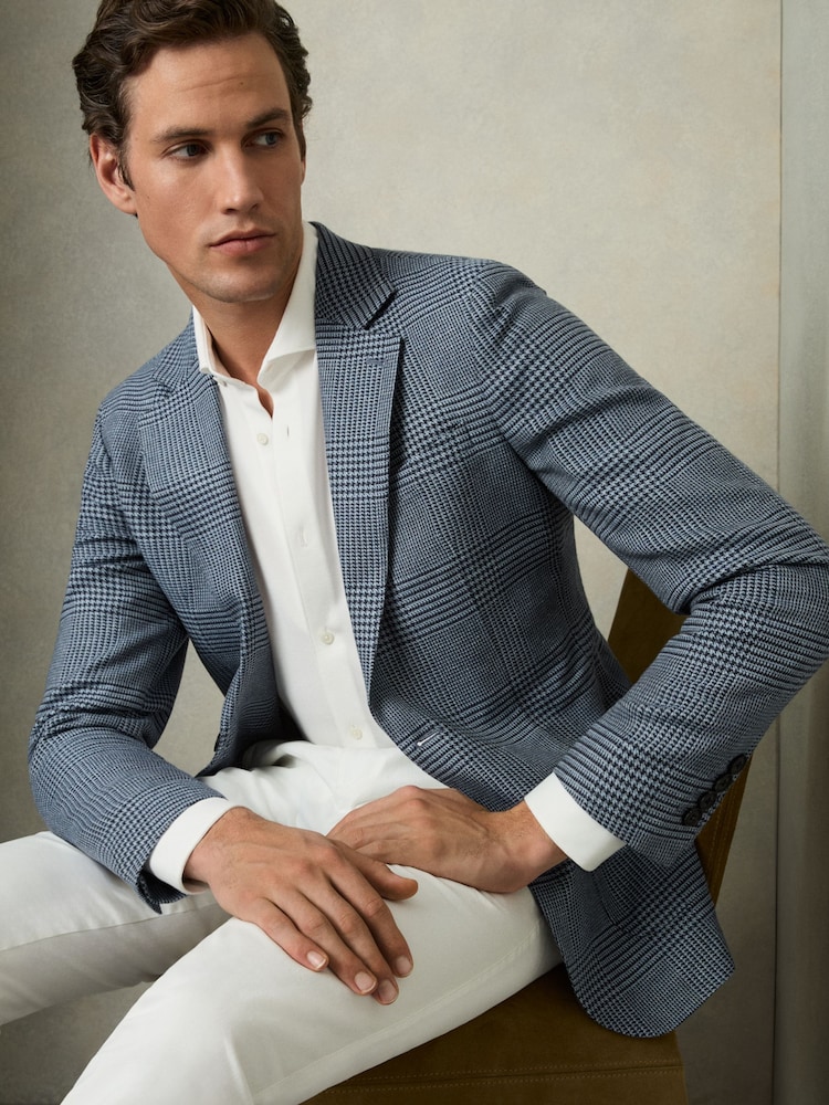 Reiss Blue Gould Regular-Fit Single-Breasted Check Blazer - Image 1 of 8