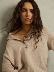 Reiss Neutral Ava Wool-Cashmere Open-Neck Jumper - Image 1 of 6
