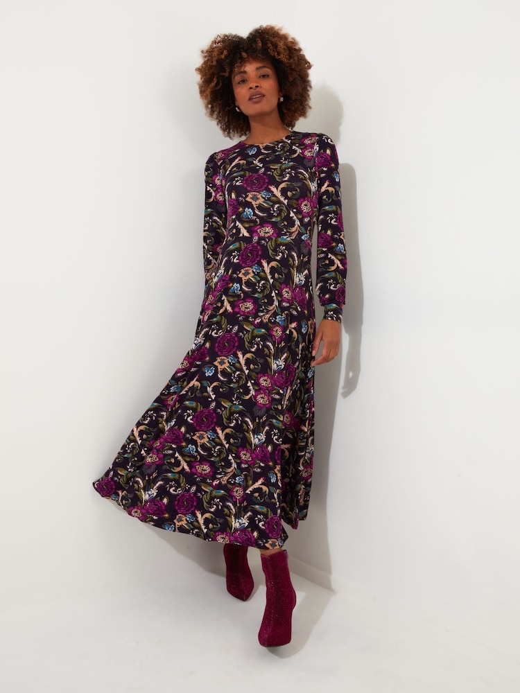 Joe Browns Dark Purple Petite Winter Floral Pleated Skirt Puff Sleeve Midi Jersey Dress - Image 1 of 5