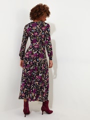 Joe Browns Dark Purple Petite Winter Floral Pleated Skirt Puff Sleeve Midi Jersey Dress - Image 2 of 5