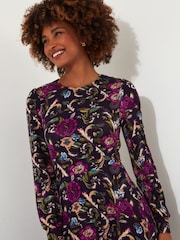 Joe Browns Dark Purple Petite Winter Floral Pleated Skirt Puff Sleeve Midi Jersey Dress - Image 4 of 5