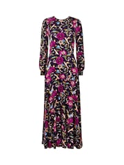 Joe Browns Dark Purple Petite Winter Floral Pleated Skirt Puff Sleeve Midi Jersey Dress - Image 5 of 5