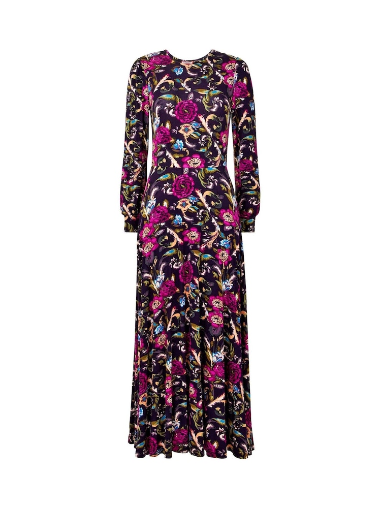 Joe Browns Dark Purple Petite Winter Floral Pleated Skirt Puff Sleeve Midi Jersey Dress - Image 5 of 5