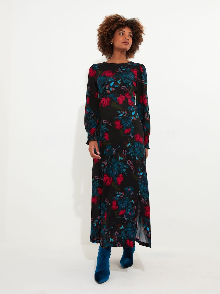 Joe Browns Black/Brown Petite Floral Tie-Waist Puff Sleeve Maxi Dress - Image 1 of 5