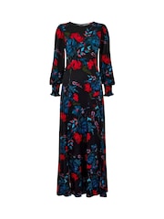 Joe Browns Black/Brown Petite Floral Tie-Waist Puff Sleeve Maxi Dress - Image 5 of 5