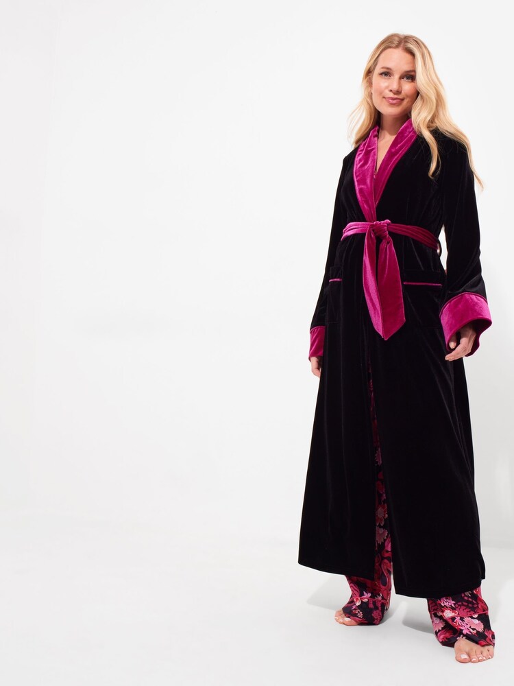 Joe Browns Black Dragon Embroidered Tie Waist Velour Longline Dressing Gown - Image 1 of 6