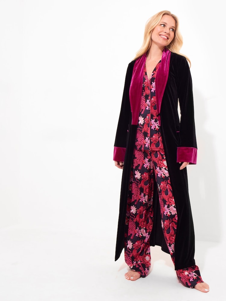 Joe Browns Black Dragon Embroidered Tie Waist Velour Longline Dressing Gown - Image 2 of 6