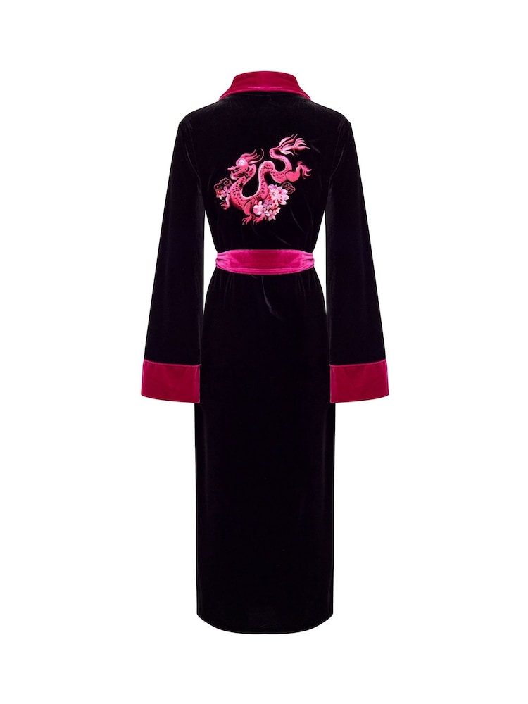 Joe Browns Black Dragon Embroidered Tie Waist Velour Longline Dressing Gown - Image 6 of 6