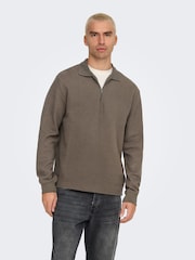 Only & Sons Khaki Green Long Sleeve Half Zip Polo Shirt - Image 1 of 7