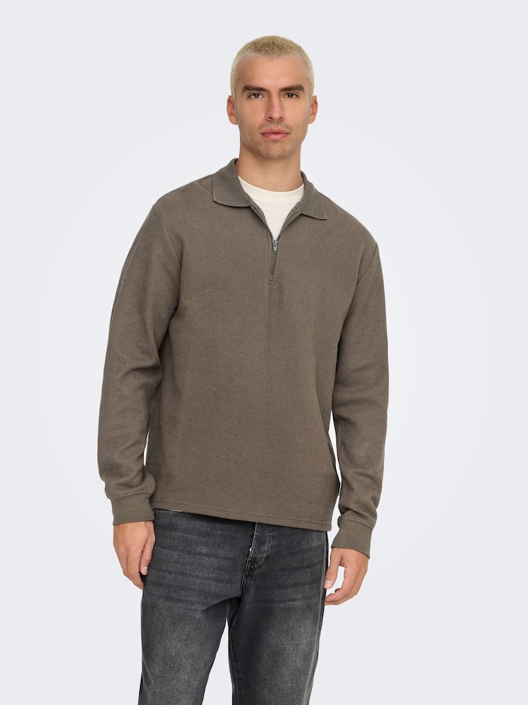 Only & Sons Khaki Green Long Sleeve Half Zip Polo Shirt - Image 1 of 7