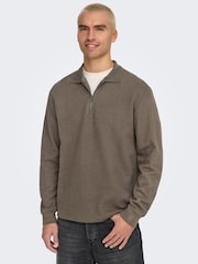 Only & Sons Khaki Green Long Sleeve Half Zip Polo Shirt - Image 2 of 7