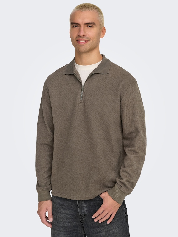 Only & Sons Khaki Green Long Sleeve Half Zip Polo Shirt - Image 2 of 7