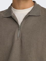 Only & Sons Khaki Green Long Sleeve Half Zip Polo Shirt - Image 4 of 7