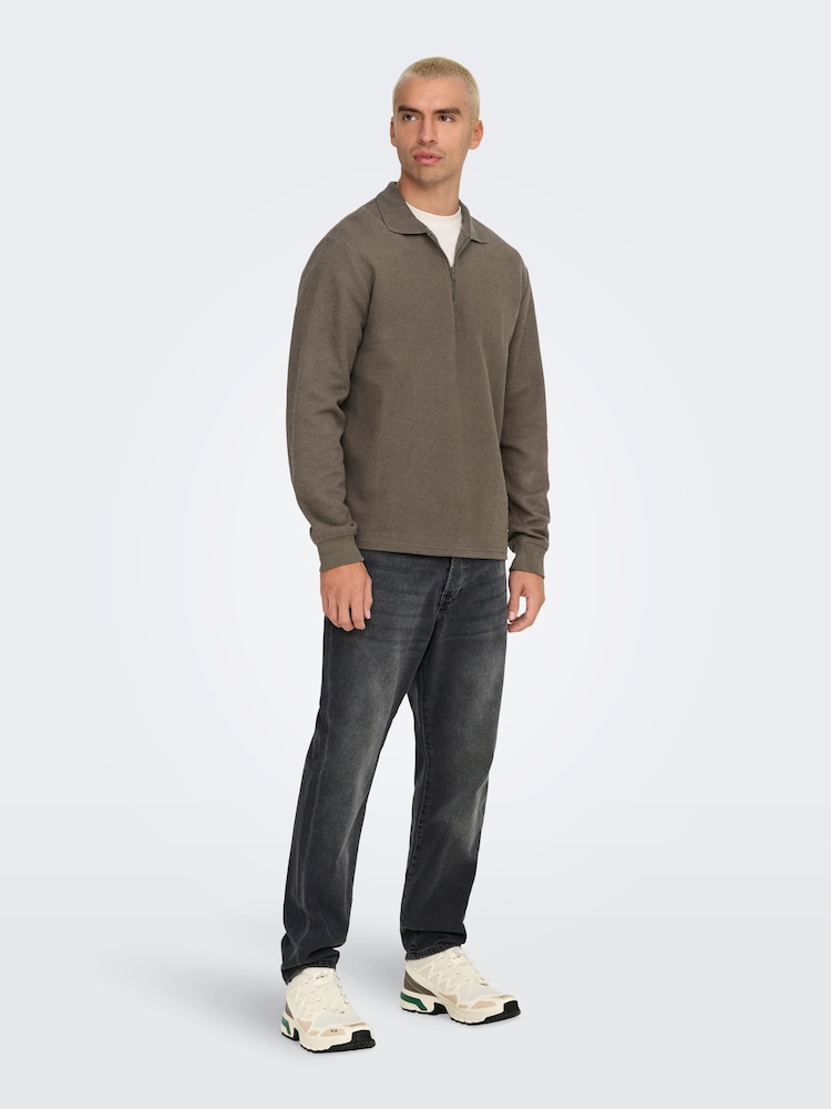 Only & Sons Khaki Green Long Sleeve Half Zip Polo Shirt - Image 5 of 7
