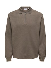 Only & Sons Khaki Green Long Sleeve Half Zip Polo Shirt - Image 6 of 7