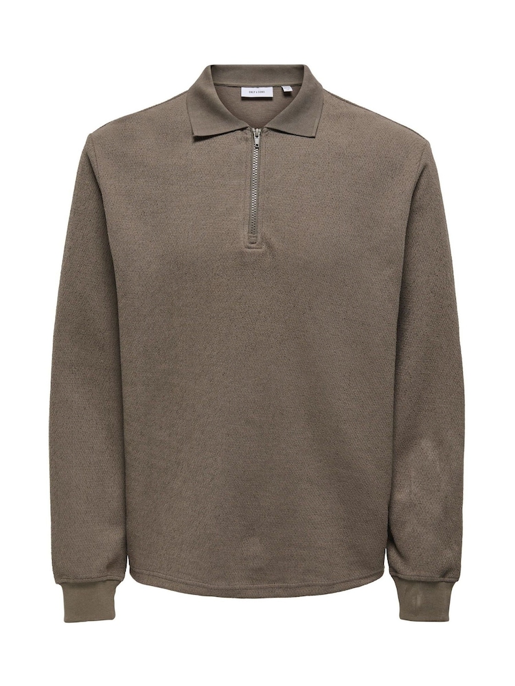 Only & Sons Khaki Green Long Sleeve Half Zip Polo Shirt - Image 6 of 7