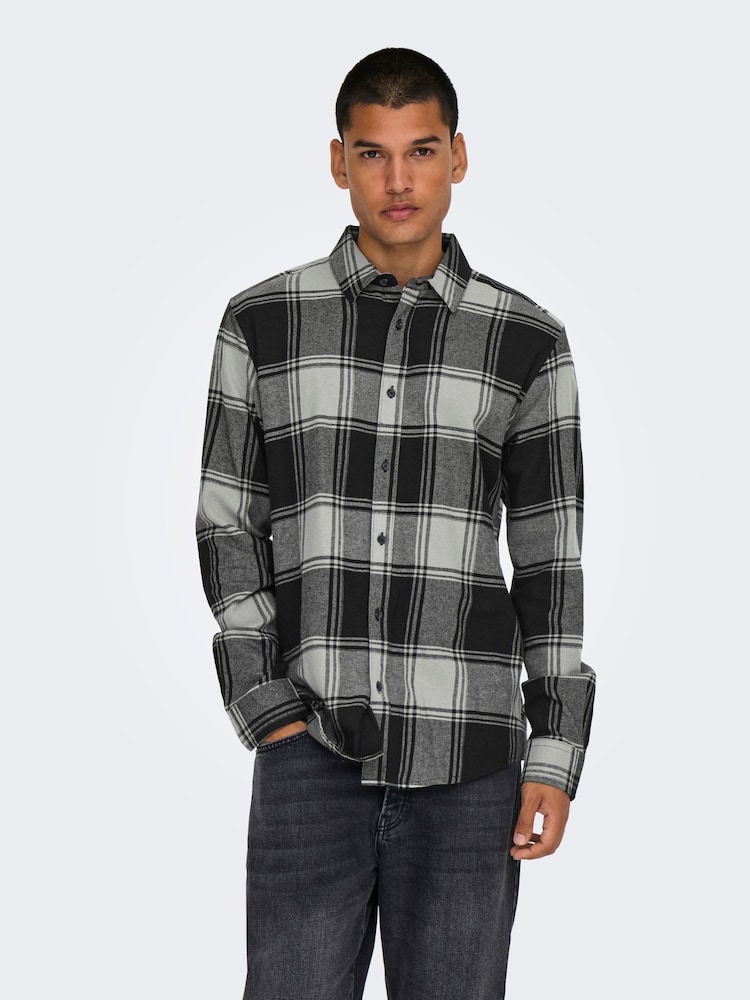 Only & Sons Grey Regular Fit 100% Cotton Checked Shirt - Image 1 of 7