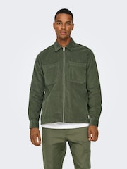 Only & Sons Khaki Green Zip Corduroy 100% Cotton Overshirt - Image 1 of 7