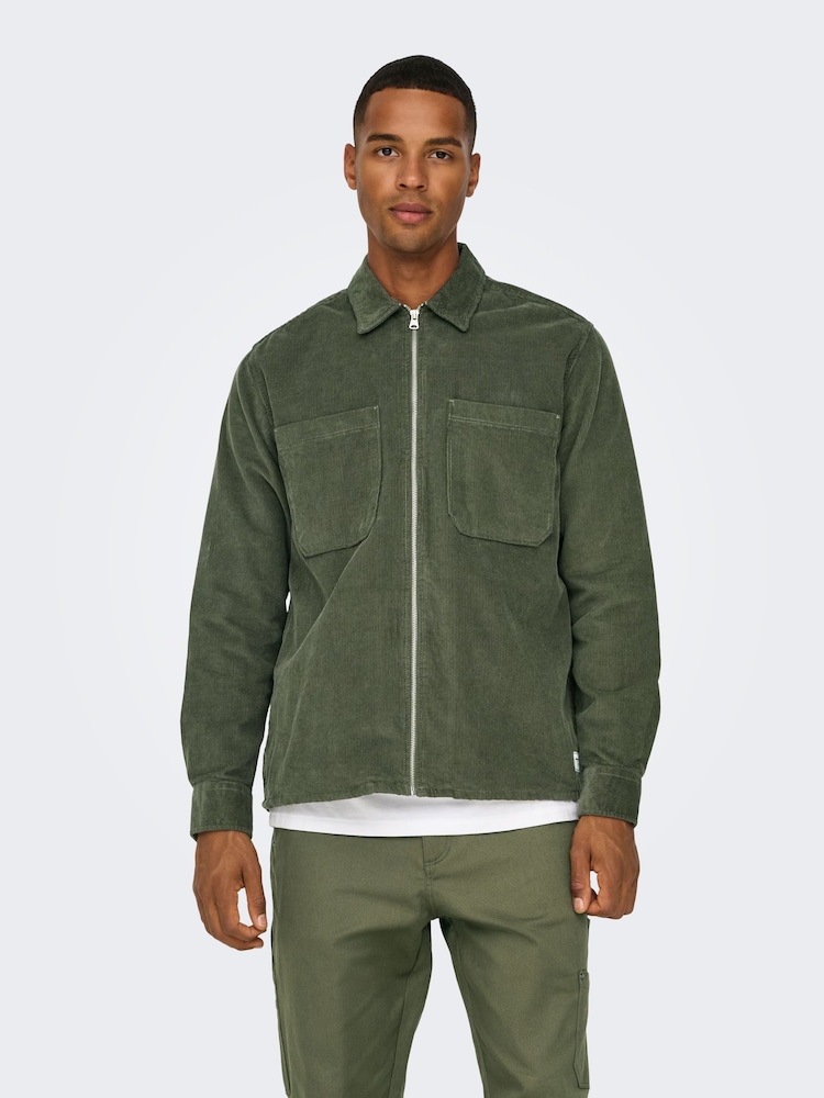Only & Sons Khaki Green Zip Corduroy 100% Cotton Overshirt - Image 1 of 7