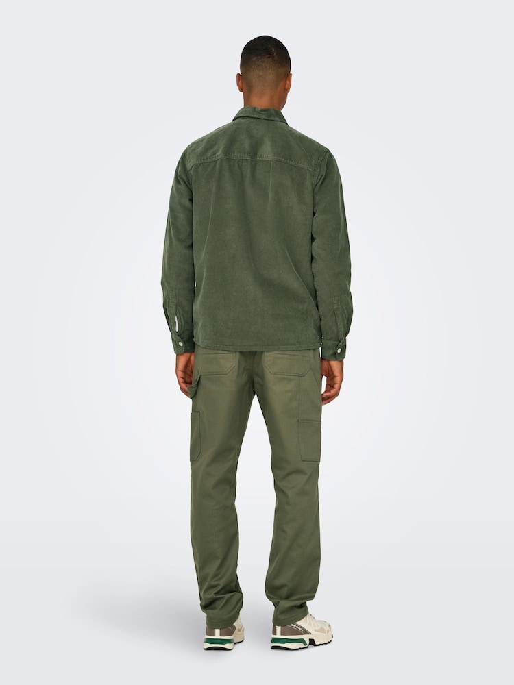Only & Sons Khaki Green Zip Corduroy 100% Cotton Overshirt - Image 2 of 7
