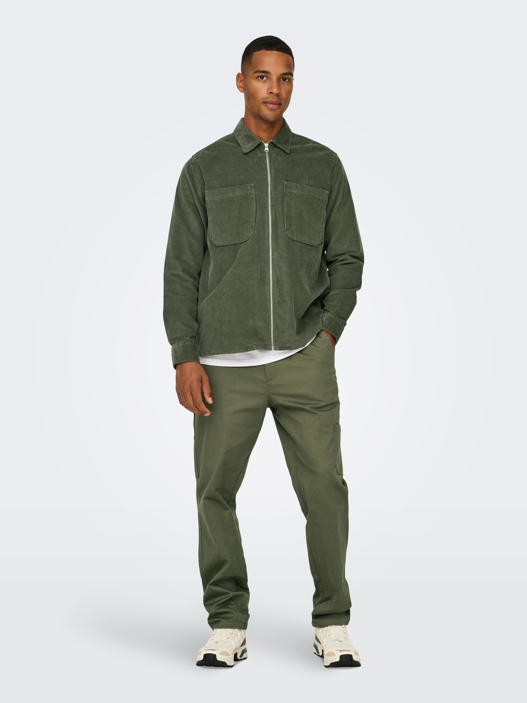 Buy Only & Sons Khaki Green Zip Corduroy 100% Cotton