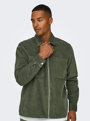 Only & Sons Khaki Green Zip Corduroy 100% Cotton Overshirt - Image 4 of 7