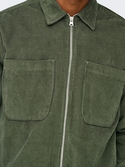 Only & Sons Khaki Green Zip Corduroy 100% Cotton Overshirt - Image 5 of 7