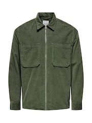 Only & Sons Khaki Green Zip Corduroy 100% Cotton Overshirt - Image 6 of 7