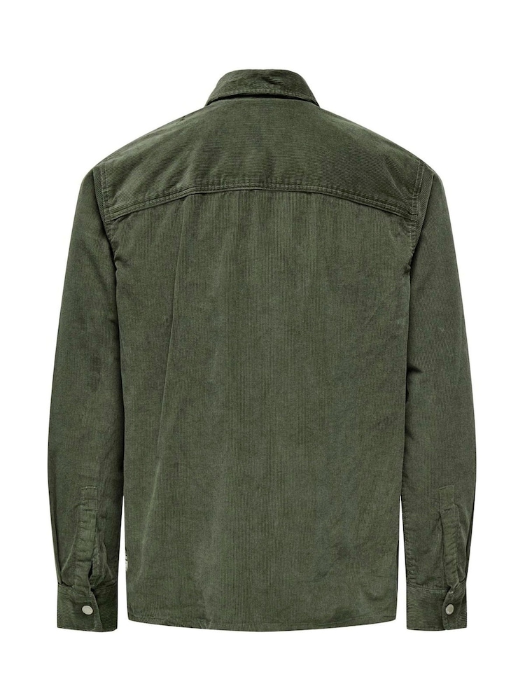 Only & Sons Khaki Green Zip Corduroy 100% Cotton Overshirt - Image 7 of 7