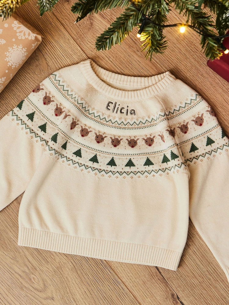 My 1st Years Cream 100% Cotton Personalised Fairisle Pattern Christmas Jumper - Image 1 of 5