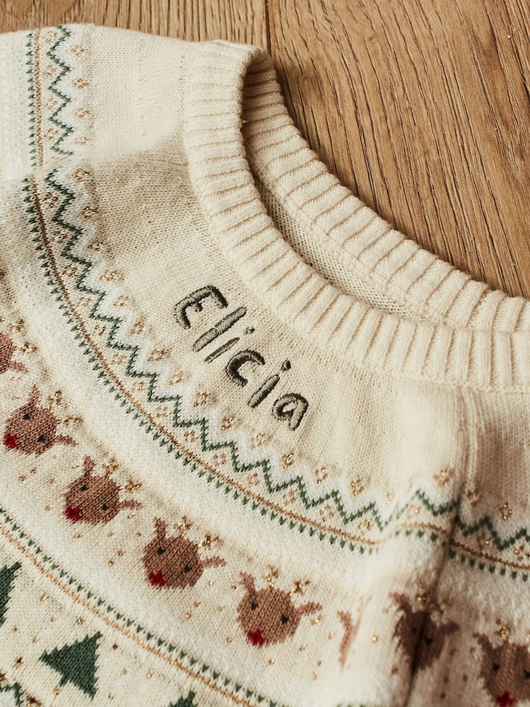 My 1st Years Cream 100% Cotton Personalised Fairisle Pattern Christmas Jumper - Image 2 of 5