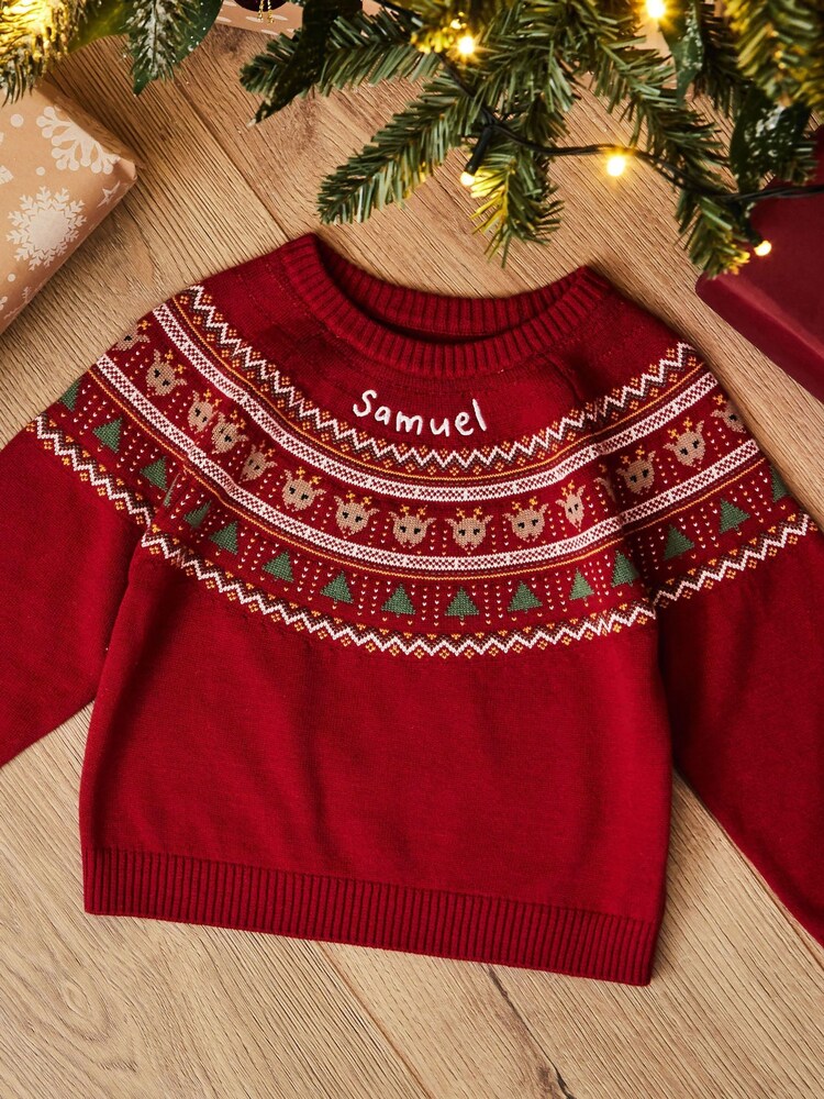 My 1st Years Red 100% Cotton Personalised Fairisle Pattern Christmas Jumper - Image 1 of 5