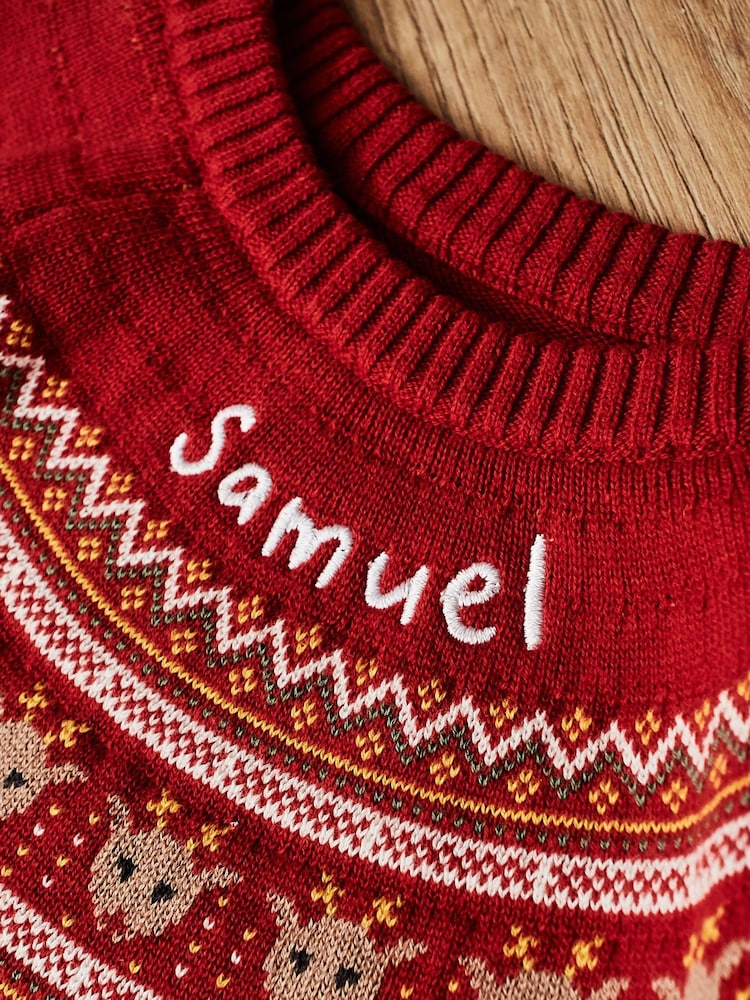 My 1st Years Red 100% Cotton Personalised Fairisle Pattern Christmas Jumper - Image 2 of 5
