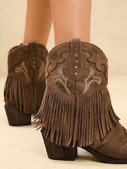 Lipsy Neutral Flat Pull On Tassel Western Ankle Boots - Image 2 of 5