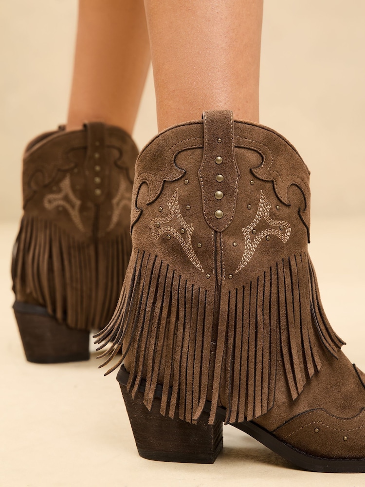 Lipsy Neutral Flat Pull On Tassel Western Ankle Boots - Image 2 of 5