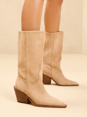 Lipsy Neutral Clean Knee High Long Western Cowboy Faux Suede Boots - Image 1 of 4