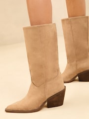 Lipsy Neutral Clean Knee High Long Western Cowboy Faux Suede Boots - Image 3 of 4